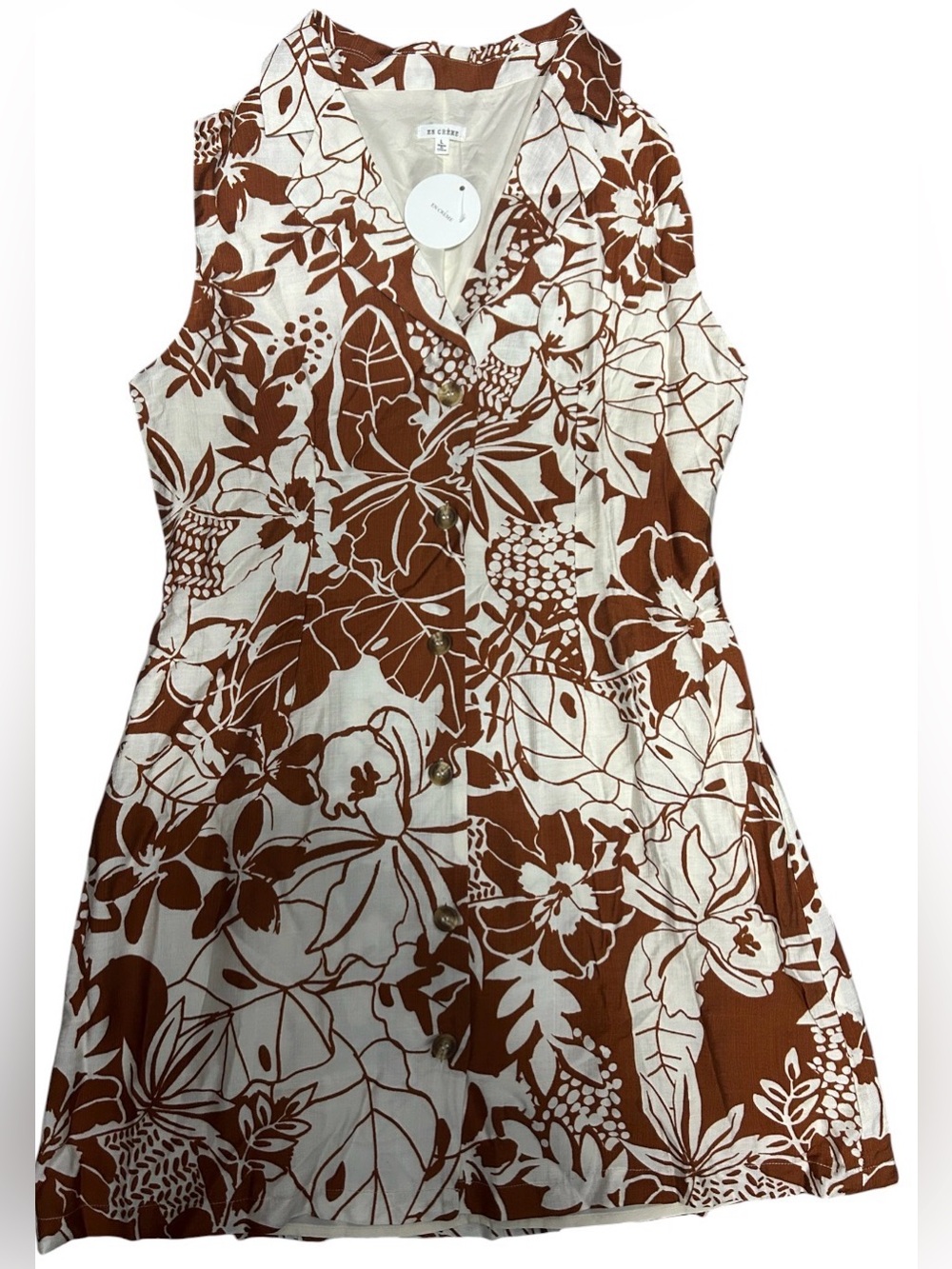 En Crème NWT Rust White Floral Sleeveless Shirt Dress Size L